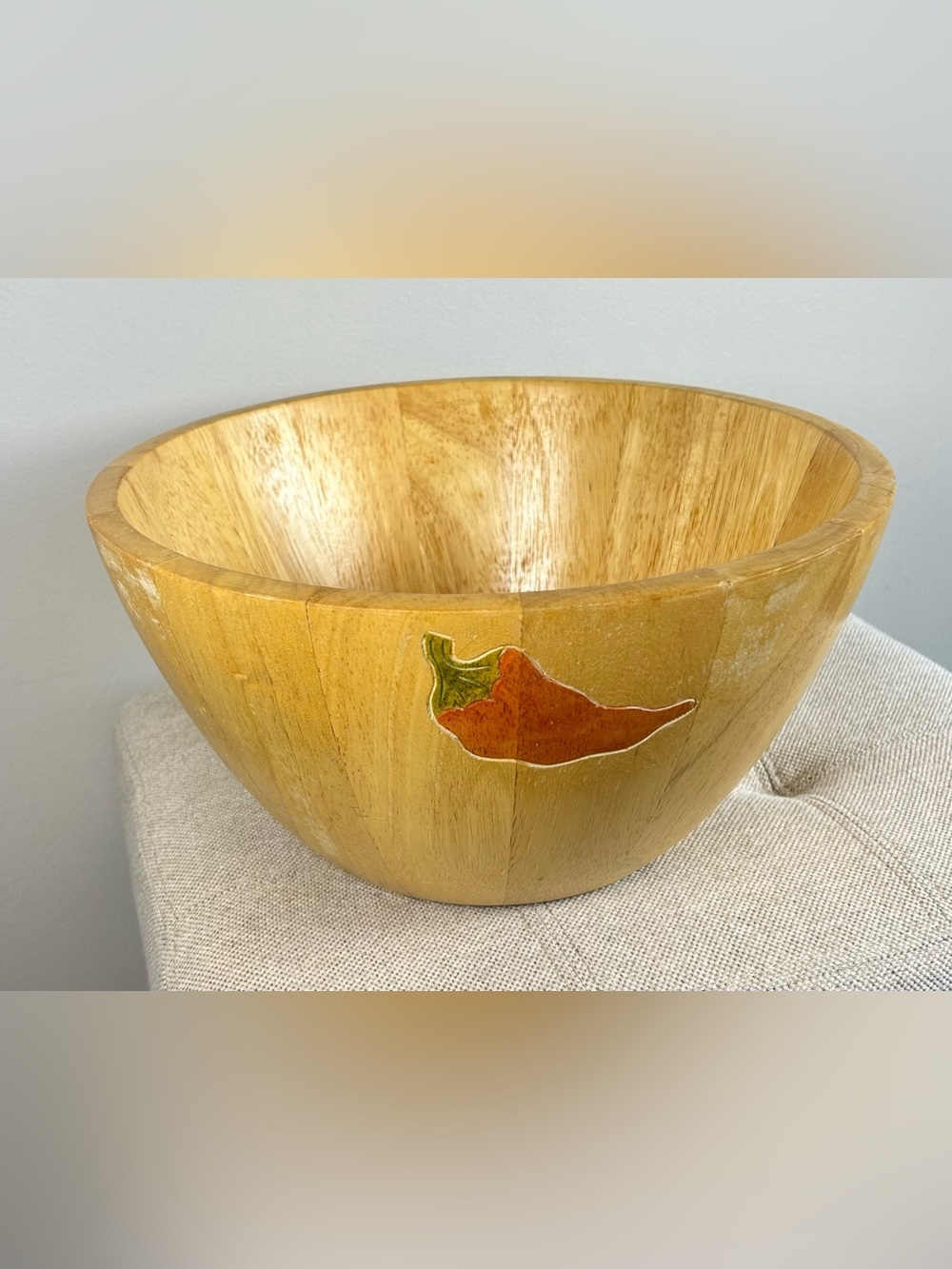 Clay Art Hand Painted Wood Salad Bowl With Chili Pepper Design Vintage 1999